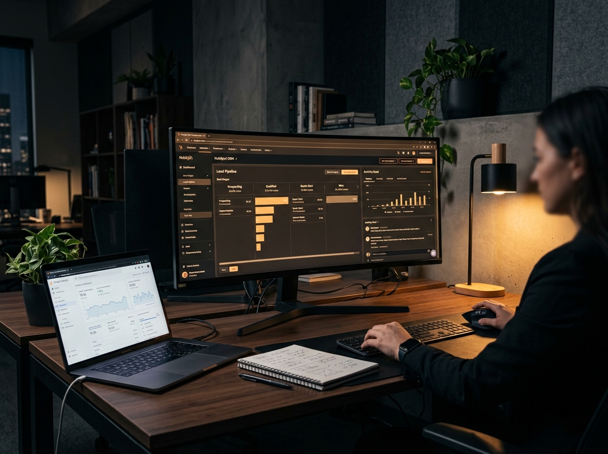 Agency workspace showing HubSpot CRM lead pipeline on a large monitor and website analytics on a laptop — the kind of system we build for accounting firms