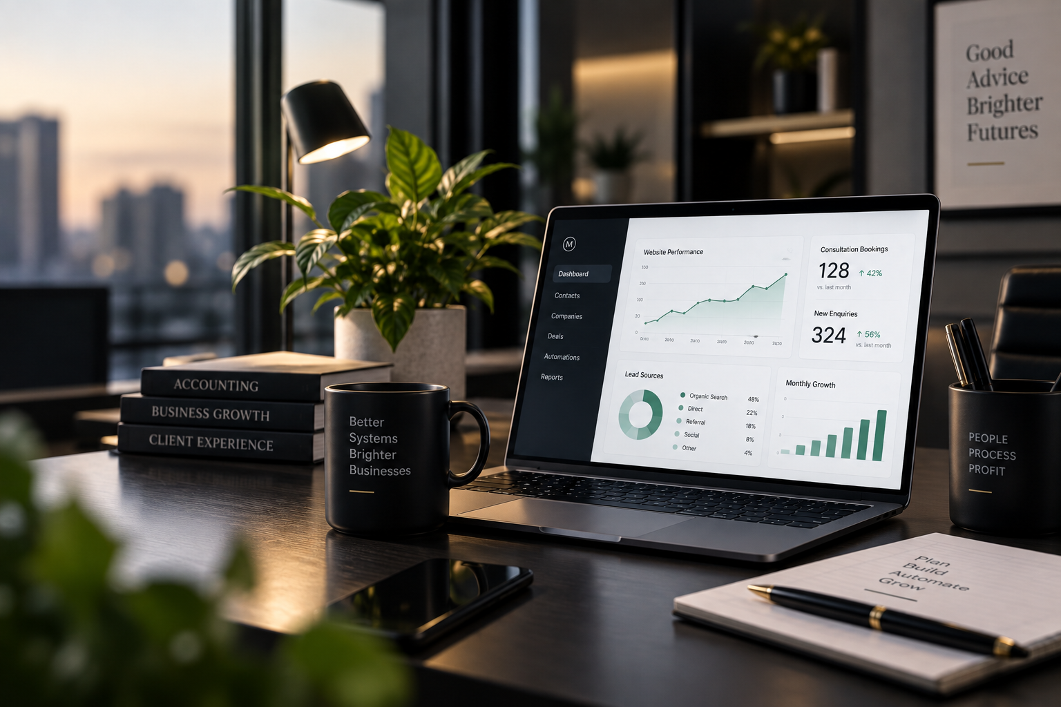 Executive desk setup with laptop displaying accounting firm CRM analytics, consultation bookings, and conversion pipeline