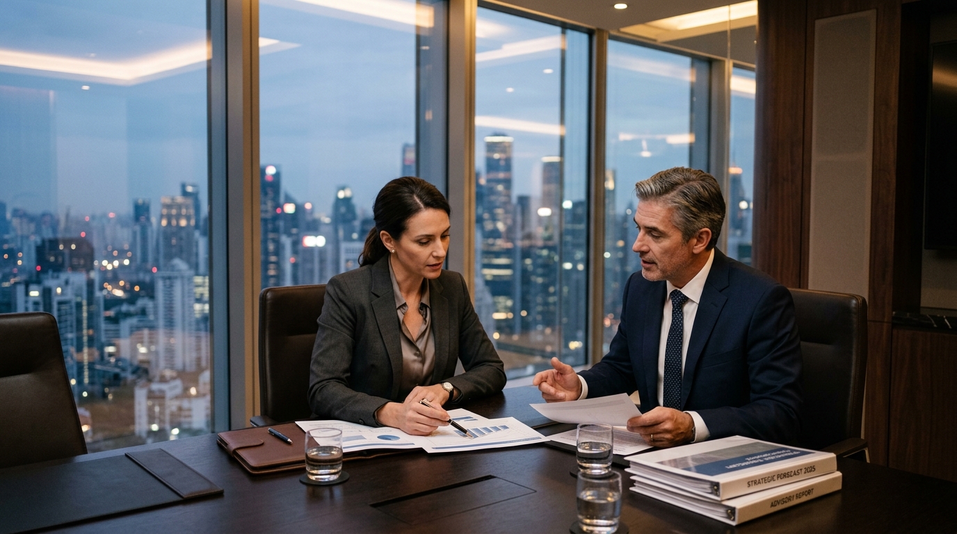 Senior financial advisors discussing strategic financial forecasts in an executive corporate conference room