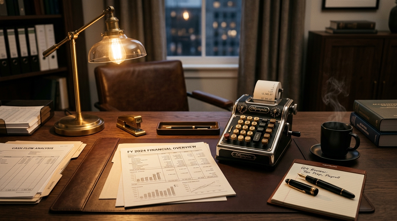 Organized bookkeeping executive workspace with financial balance sheets and cash flow reports
